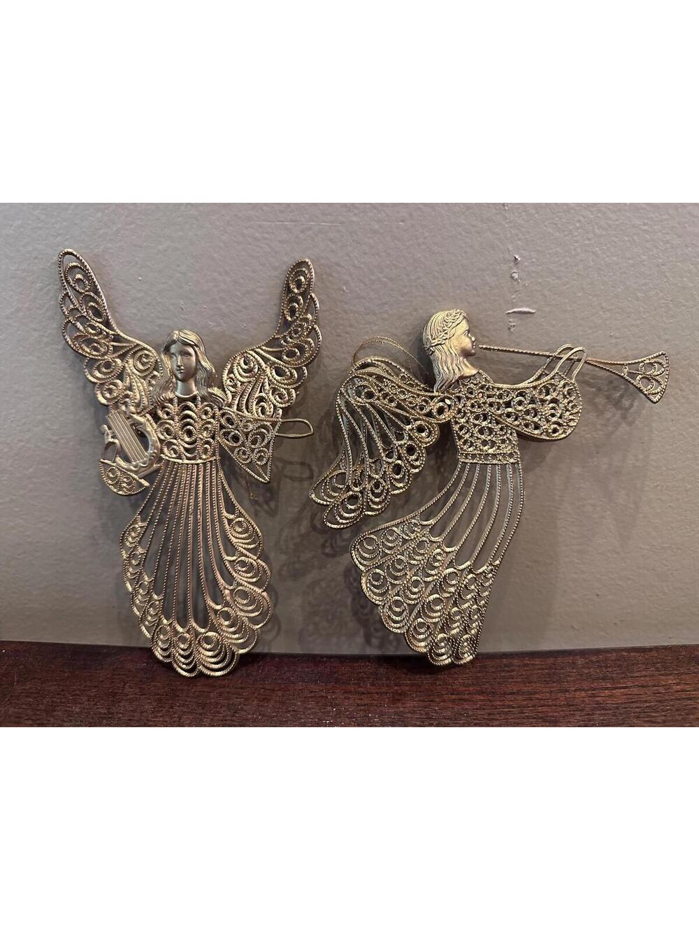 Vintage Gold Color Filigree Angel Christmas Holiday Tree Ornaments - Set of 2